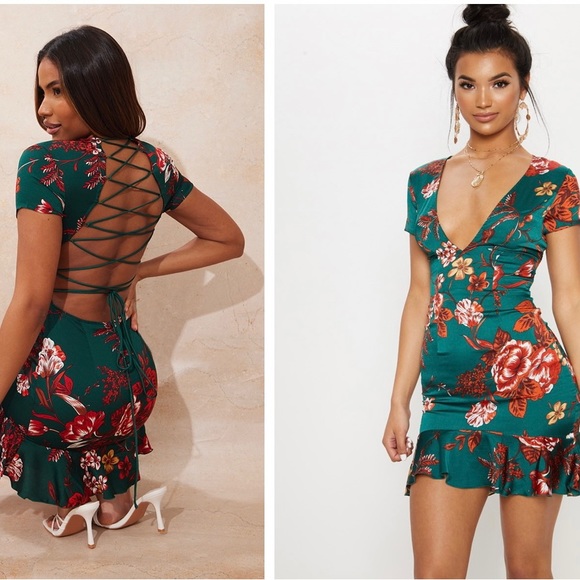 PrettyLittleThing Dresses & Skirts - Emerald green lace up back dress